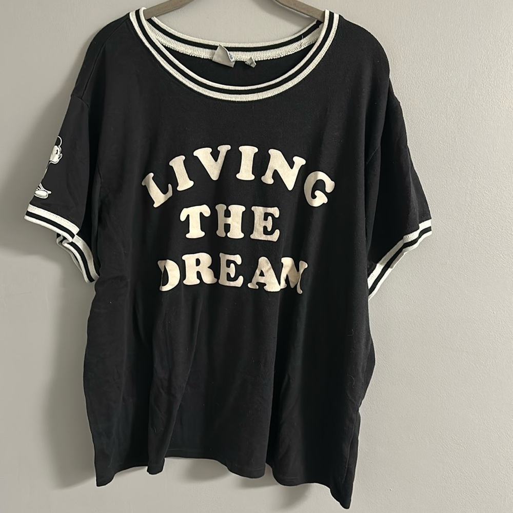 Disney Mickey "Living The Dream" Black Graphic Ringer Tee Top Junk Food